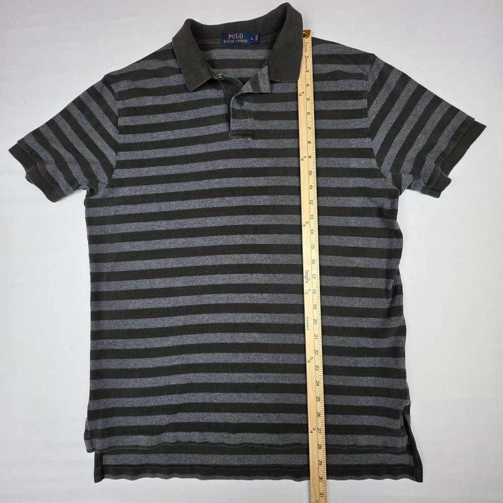 Polo Ralph Lauren Polo Shirt Mens L Gray Excellent Striped Short Sleeve Cotton